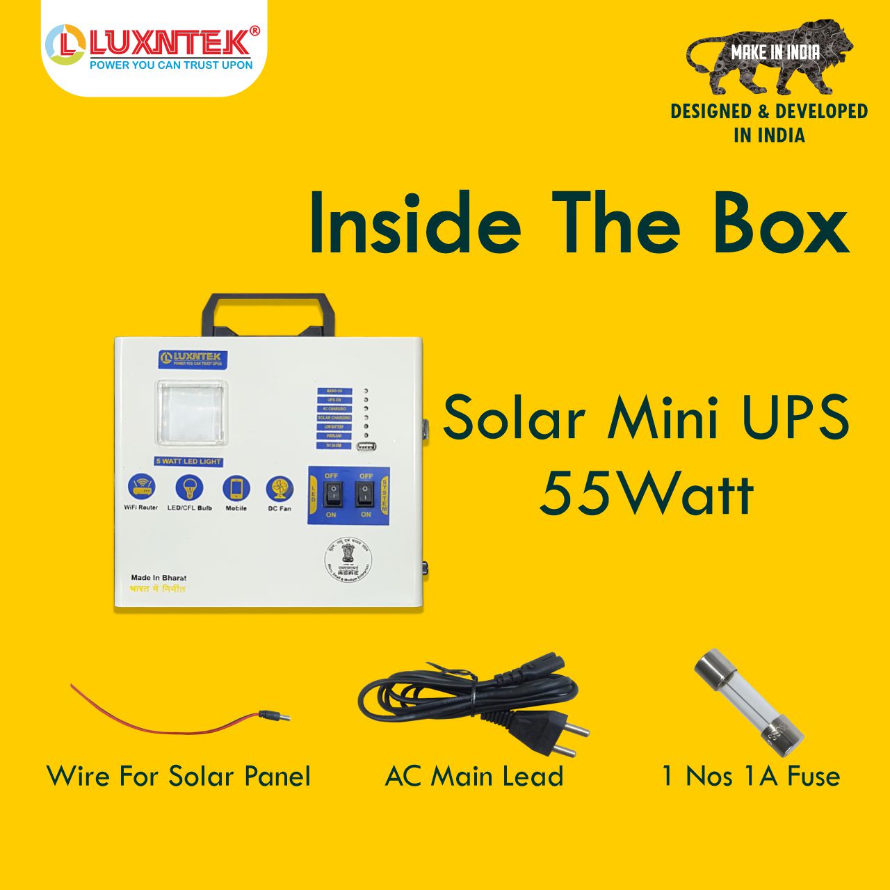 Inside box contents of 55W solar mini UPS with cable, charger and accessories